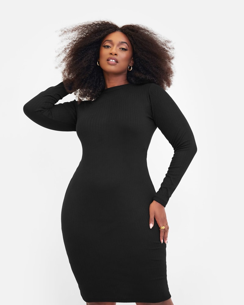 Side of a model wearing a size 2X Essential Ribbed Crew Neck Mini Bodycon Dress in Black by Rebdolls. | dia_product_style_image_id:320990